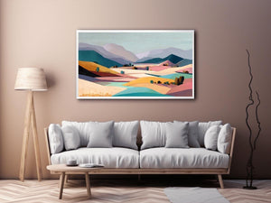 Pastel mountain valley landscape canvas art for serene bedroom and living room decor