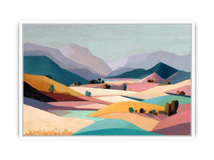 Pastel mountain valley landscape canvas art for serene bedroom and living room decor