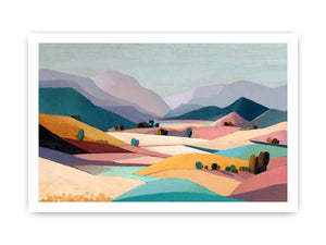 Pastel mountain valley landscape canvas art for serene bedroom and living room decor