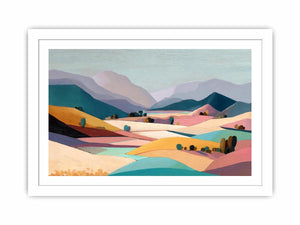 Pastel mountain valley landscape canvas art for serene bedroom and living room decor