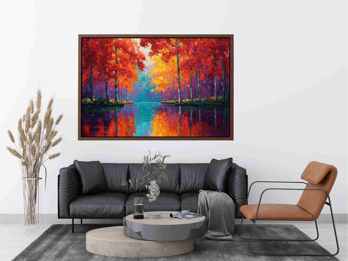 Autumn forest lake reflection artwork for warm living room wall decor