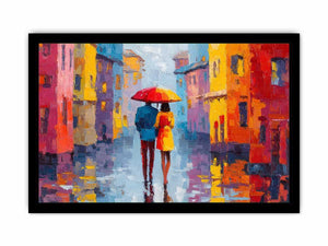 Colorful city couple with umbrella canvas art for modern interiors