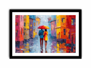 Colorful city couple with umbrella canvas art for modern interiors