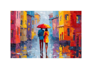 Colorful city couple with umbrella canvas art for modern interiors