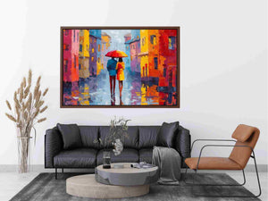 Colorful city couple with umbrella canvas art for modern interiors