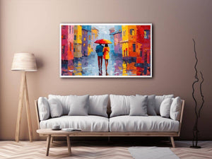 Colorful city couple with umbrella canvas art for modern interiors