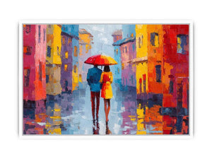 Colorful city couple with umbrella canvas art for modern interiors