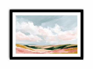 Pastel landscape artwork with rolling hills and clouds for modern bedroom decor