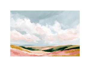 Pastel landscape artwork with rolling hills and clouds for modern bedroom decor