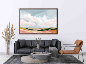 Pastel landscape artwork with rolling hills and clouds for modern bedroom decor
