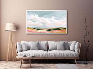 Pastel landscape artwork with rolling hills and clouds for modern bedroom decor
