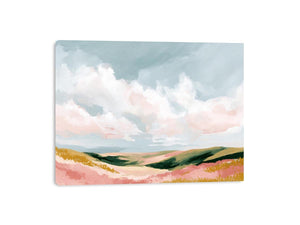 Pastel landscape artwork with rolling hills and clouds for modern bedroom decor