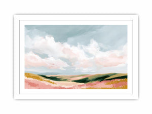 Pastel landscape artwork with rolling hills and clouds for modern bedroom decor