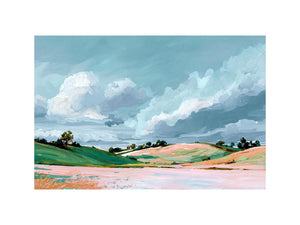 Countryside landscape painting with dramatic clouds for modern living room wall decor