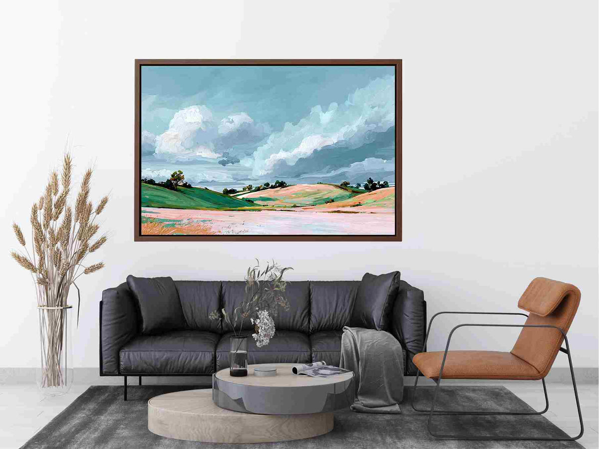 Countryside landscape painting with dramatic clouds for modern living room wall decor