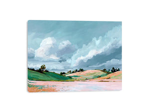 Countryside landscape painting with dramatic clouds for modern living room wall decor