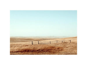 Prairie landscape photography with golden grass and fence for modern farmhouse decor