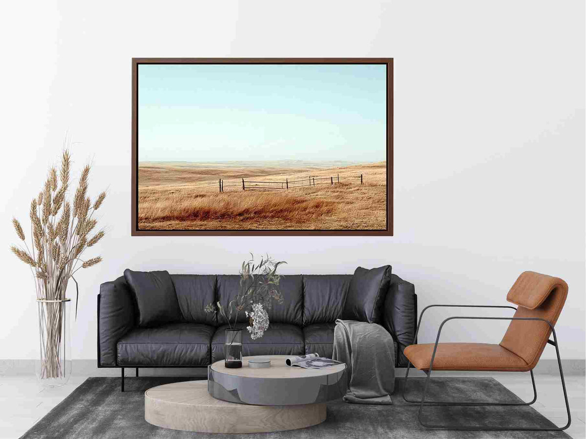 Prairie landscape photography with golden grass and fence for modern farmhouse decor