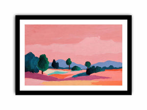 Modern colorful landscape with trees and pink sky for contemporary living room decor