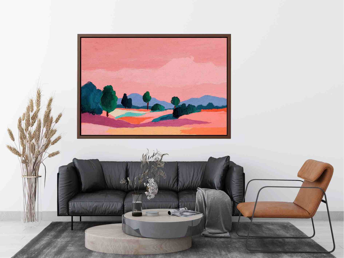 Modern colorful landscape with trees and pink sky for contemporary living room decor