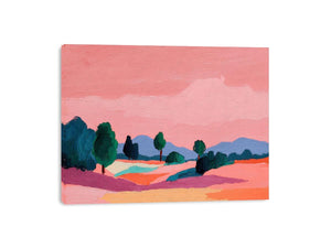 Modern colorful landscape with trees and pink sky for contemporary living room decor