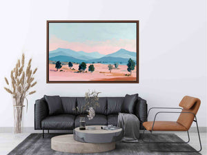 Pastel mountain landscape canvas art with blue peaks and trees for modern living room decor