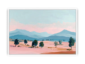 Pastel mountain landscape canvas art with blue peaks and trees for modern living room decor