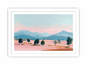 Pastel mountain landscape canvas art with blue peaks and trees for modern living room decor
