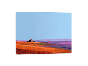 Orange prairie landscape artwork with rustic barn for farmhouse wall decor