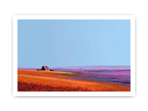 Orange prairie landscape artwork with rustic barn for farmhouse wall decor