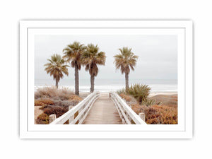 Coastal boardwalk and palm tree canvas art for serene beach house decor