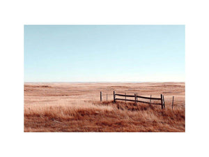 Golden prairie landscape canvas with rustic fence for farmhouse decor