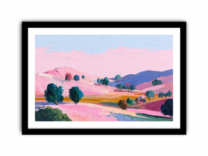 Pink valley landscape canvas art with colorful hills for modern bedroom decor