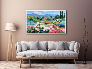 Impressionist rose garden landscape canvas art for elegant living room decor