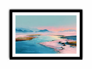 Pastel water landscape artwork with mountains for serene bedroom decor