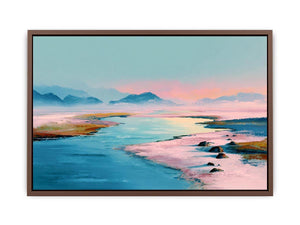 Pastel water landscape artwork with mountains for serene bedroom decor