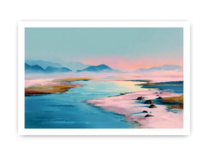 Pastel water landscape artwork with mountains for serene bedroom decor