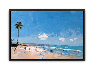 Coastal beach artwork with palm tree and ocean for modern living room decor
