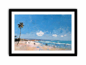 Coastal beach artwork with palm tree and ocean for modern living room decor