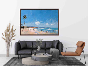 Coastal beach artwork with palm tree and ocean for modern living room decor