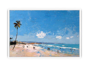 Coastal beach artwork with palm tree and ocean for modern living room decor