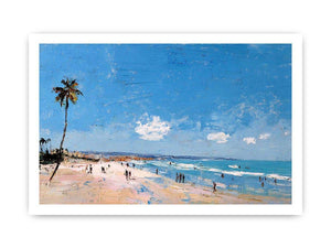 Coastal beach artwork with palm tree and ocean for modern living room decor