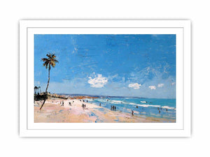 Coastal beach artwork with palm tree and ocean for modern living room decor