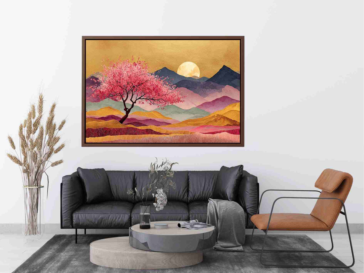 Pink blossom tree artwork with moonlit mountains for statement wall decor