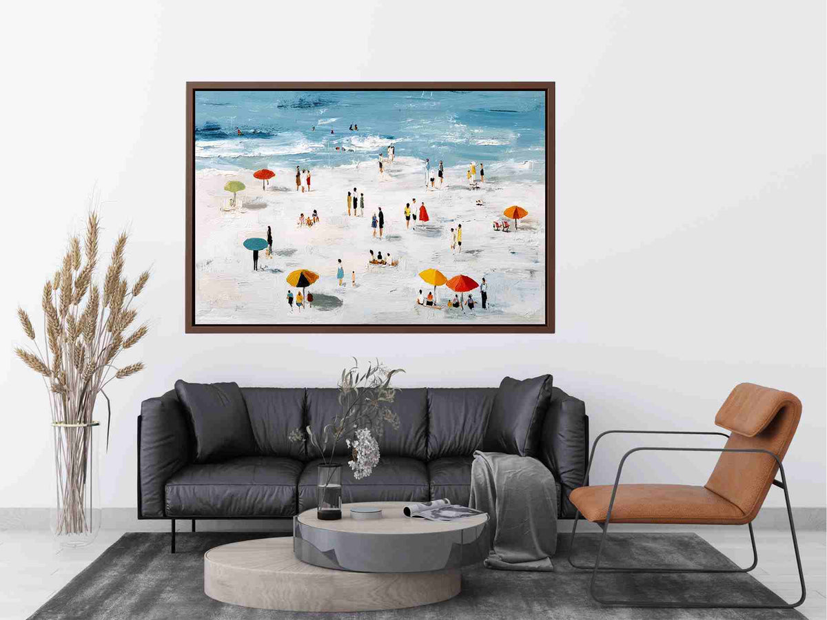 Beach scene artwork with colorful umbrellas and ocean for coastal home decor