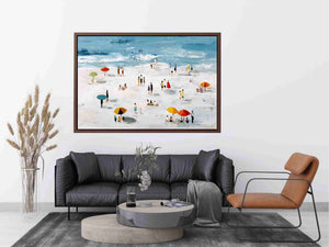 Beach scene artwork with colorful umbrellas and ocean for coastal home decor