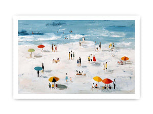 Beach scene artwork with colorful umbrellas and ocean for coastal home decor
