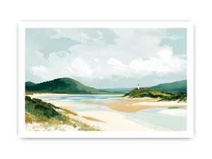 Coastal landscape painting with sandy beach, green hills, lighthouse and soft blue skies for serene living room decor.