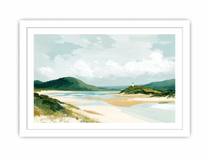 Coastal landscape painting with sandy beach, green hills, lighthouse and soft blue skies for serene living room decor.