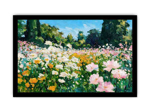 Impressionist wildflower meadow painting with pink, white and yellow flowers, lush green trees and blue sky for living room decor.